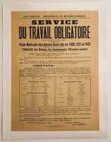 1943 Affiche Français de la Deuxième Guerre Mondiale - "Service - Du Travail Obligatoire"